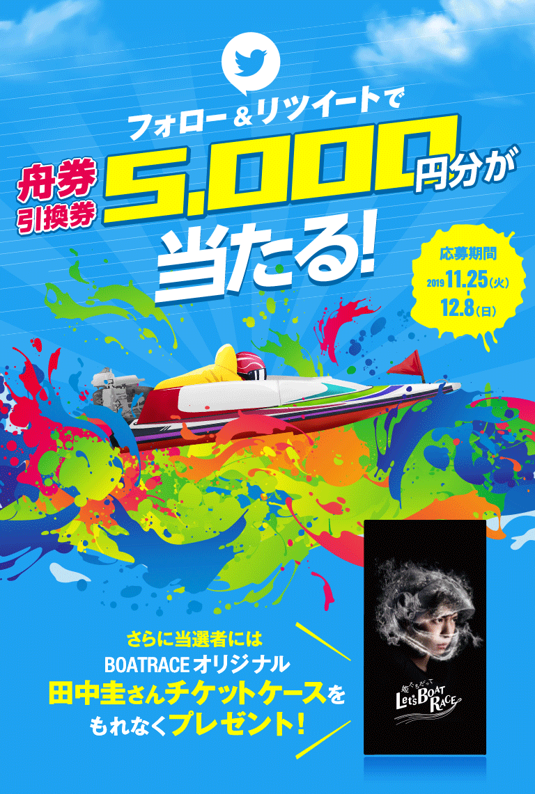 フォロー＆リツイートで舟券引換券5,000円分が当たる！応募期間11.25（火）〜12.18（日）さらに当選者には、BOATRACEオリジナル田中圭さんチケットケースをもれなくプレゼント！